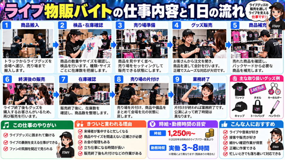 ライブ物販バイトの仕事内容と1日の仕事の流れを解説した図解
