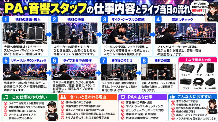 PA・音響スタッフの仕事内容とライブ当日の仕事の流れを解説した図解
